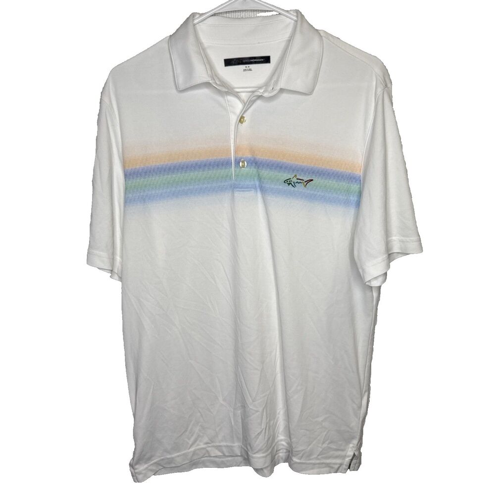 Greg Norman Mens Medium Polo Shirt White Pastel Chest Stripe Shark Golf Performa